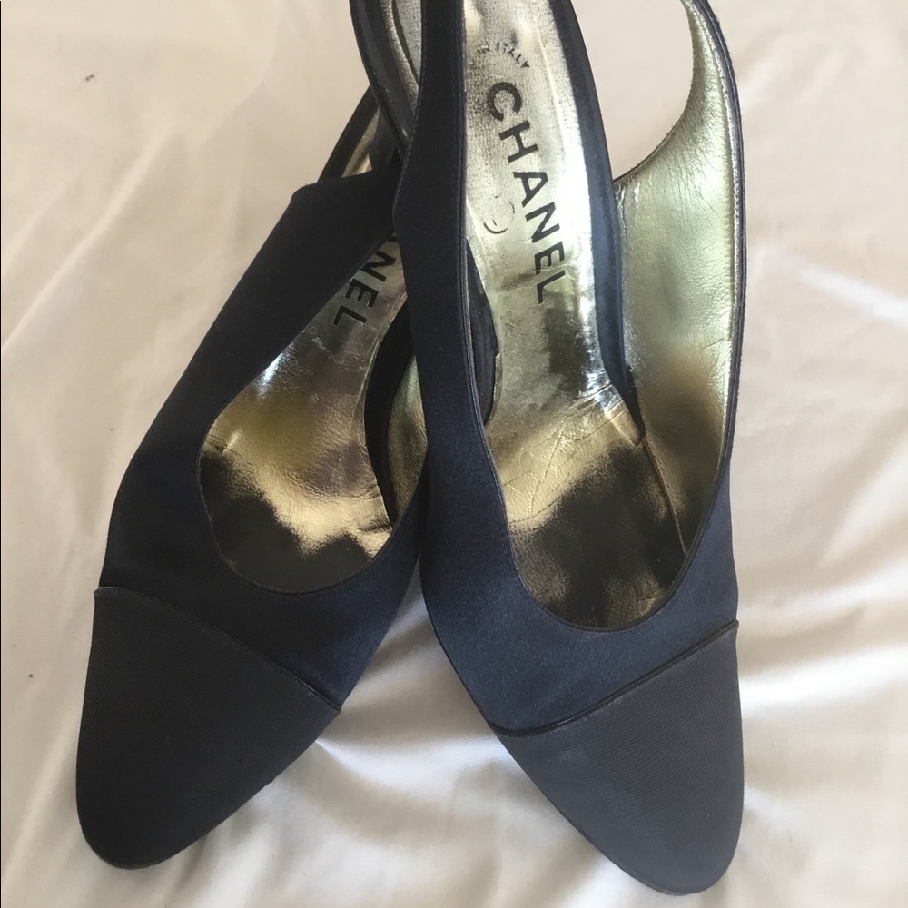 CHANEL Black satin cap toe slingback pumps 7